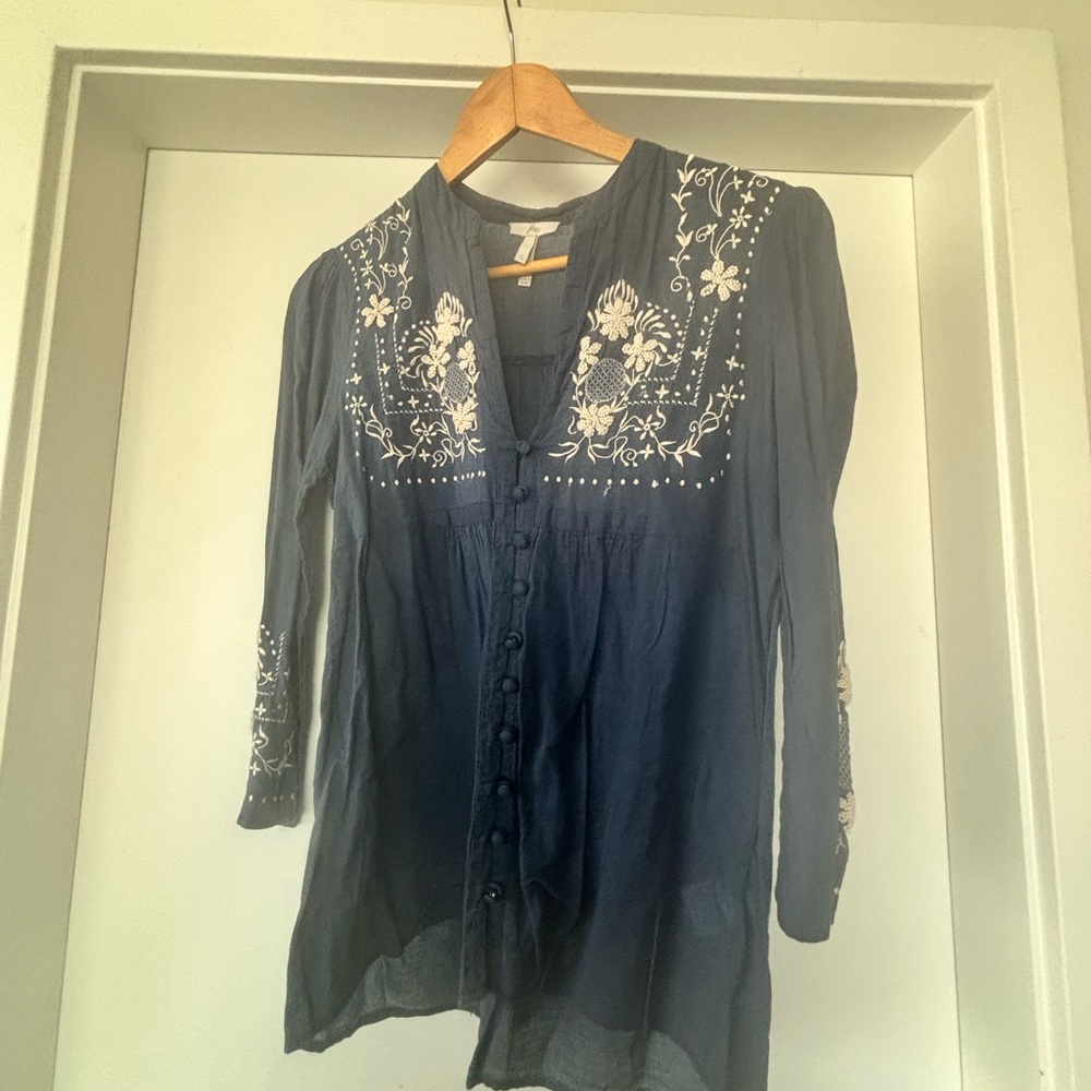 Joie Blue Embellished 3/4 Sleeve Blouse with Mandarin Collar